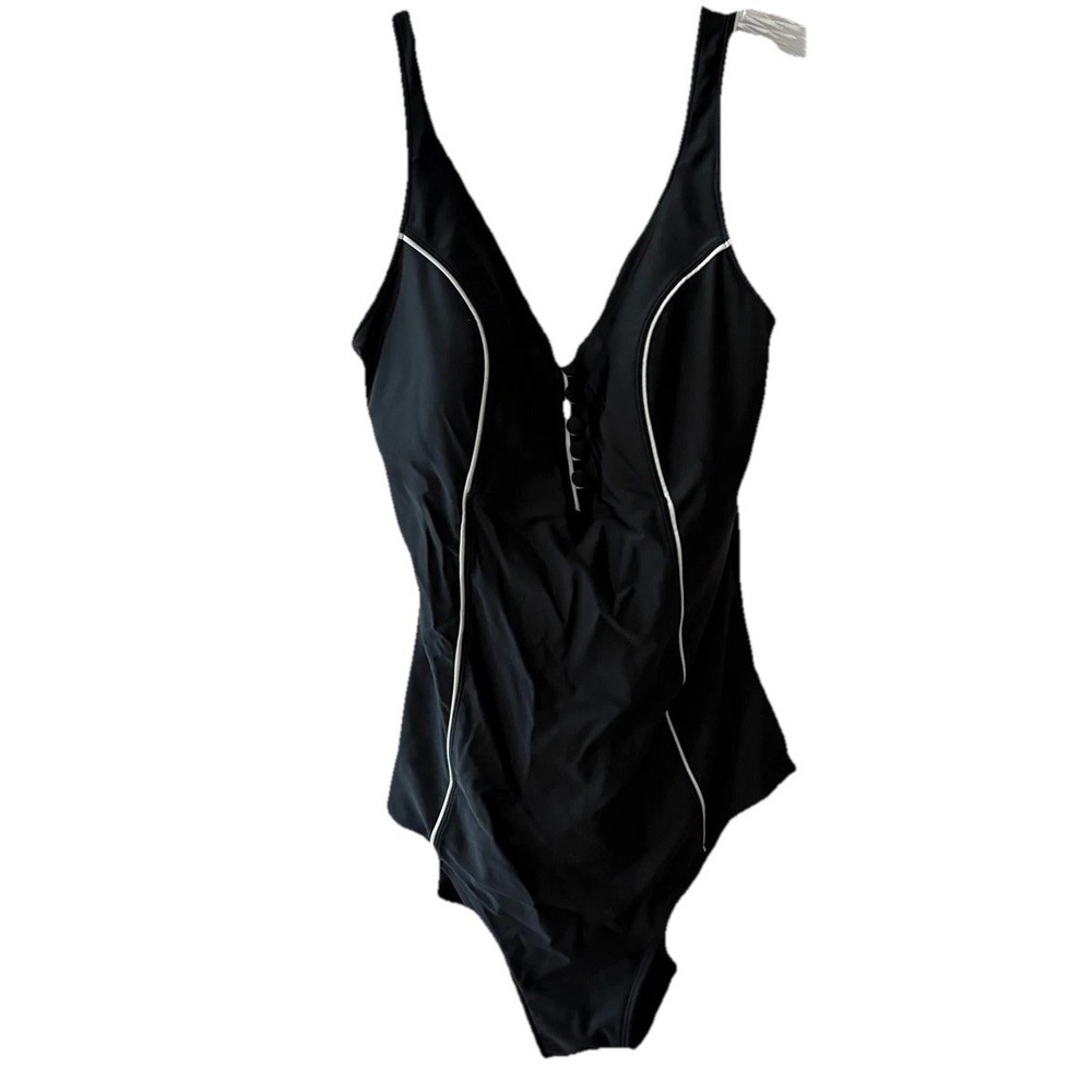 La Isla Womens Black One Piece Swimsuit White Trim Button Front Sz 12 - 14 Retro